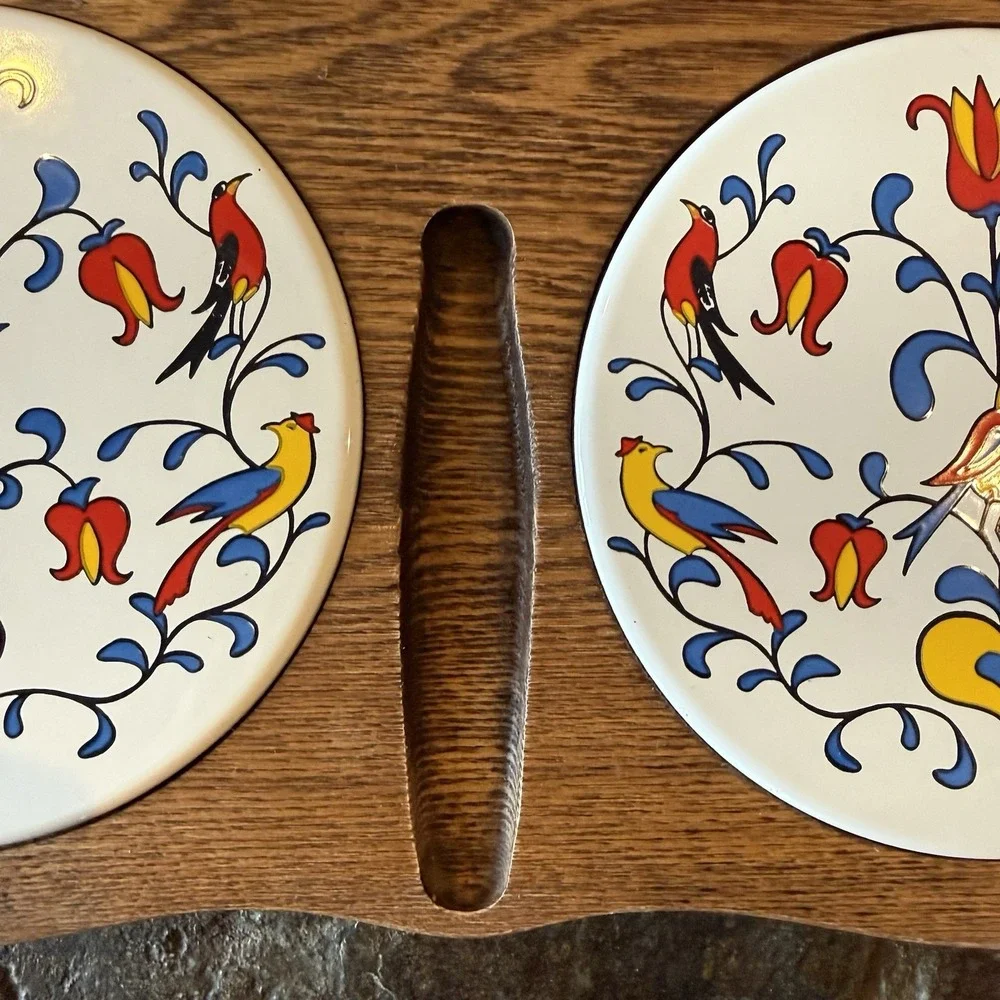 Vintage Pennsylvania Dutch Folk Art Double Tile Wood Trivet Distelfink Bird Hex